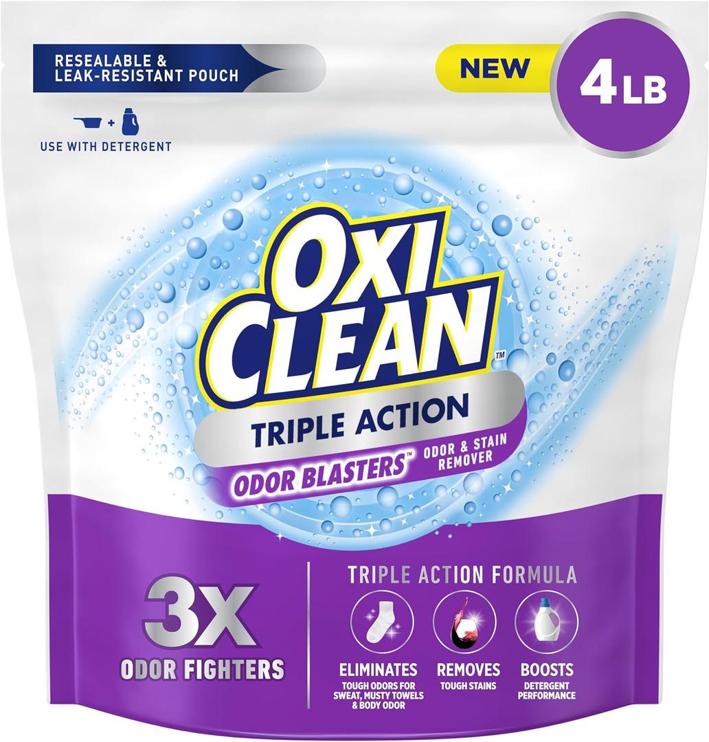OxiClean Triple Action Odor Blasters, Removes Stains and Eliminates Tough Odors, Stain Remover Powder, Use with Detergent, Color-Safe and Chlorine-Free, 4 Lbs, Pack of 1