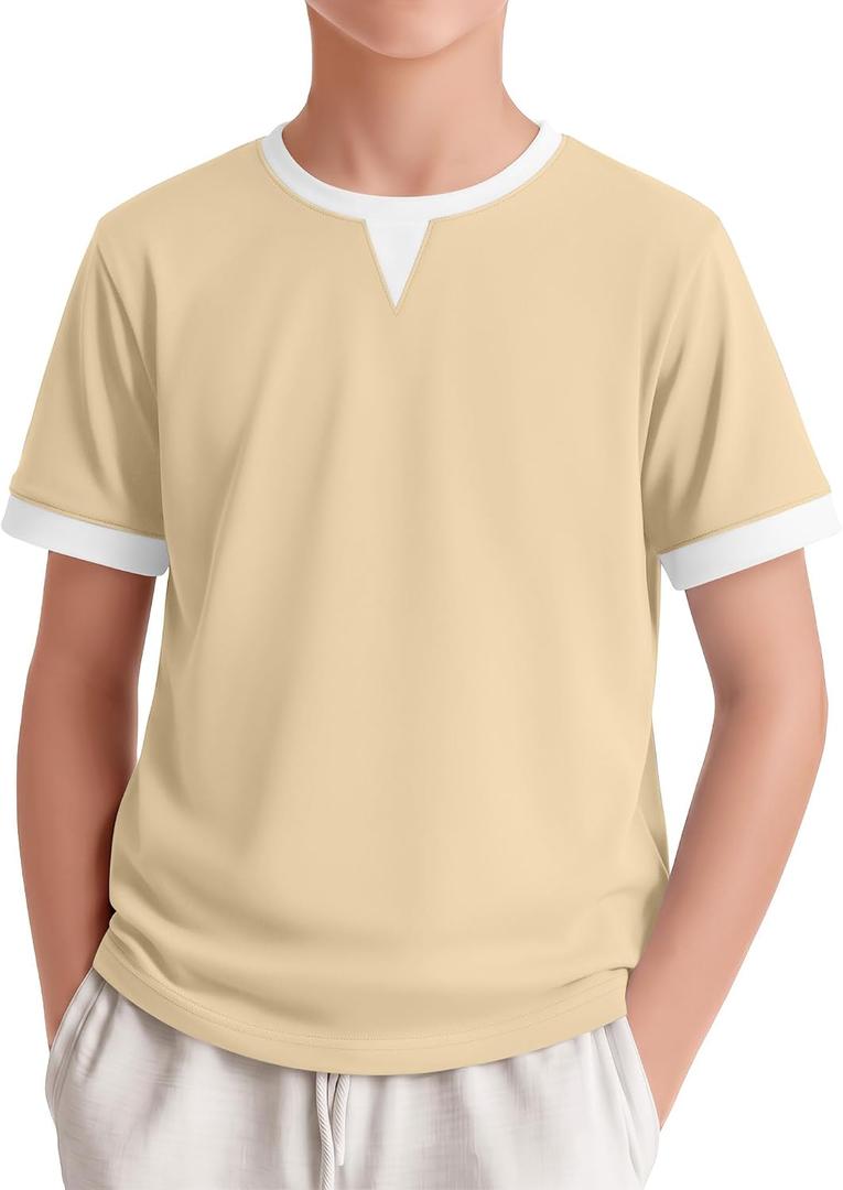 Boys Short Sleeve Shirts Crew Neck Color Block Kids T-Shirts Casual Basic Lightweight Tees Summer Patchwork Tops(Apricot&White,13-14 Years)
