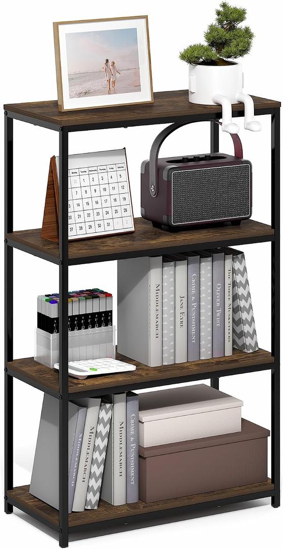 Furinno Simplistic Book Shelf, 4-Tier Tall Wide Bookshelf, Metal Frame Bookcases, Metal Storage Shelves, Storage and Organization, 11.8 x 23.6 x 38.6, for Living Room, Home Office, Bedroom, Amber Pine