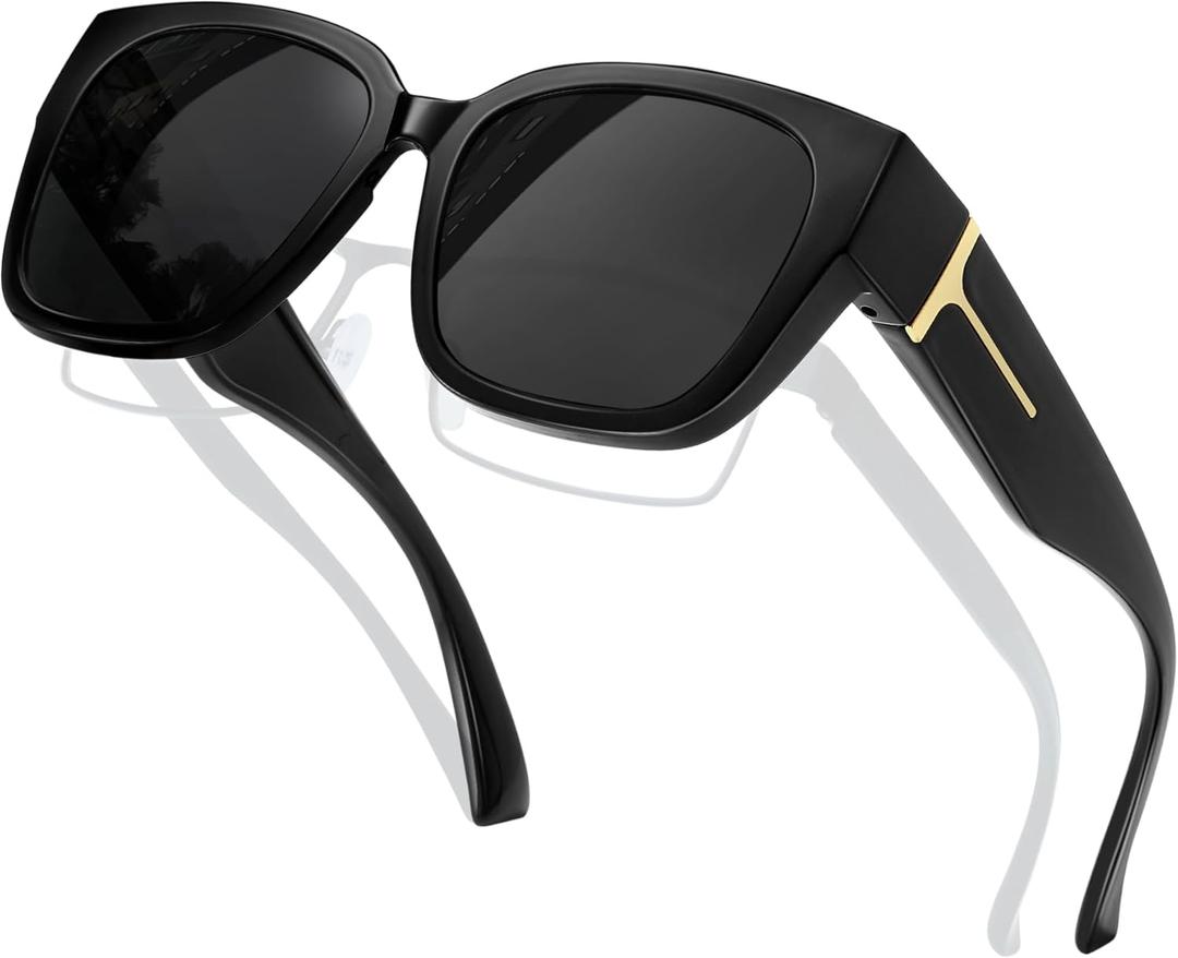 KANASTAL Oversized Over Glasses Sunglasses for Women Men Square Fit Over Polarized Sun Glasses UV400 (a01shiny Black/Black)