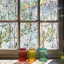 Window Privacy Film, Stained Glass Decorative Static Cling, Removable Laser Sun Blocking Vinyl Covering,Window Film for Home Kitchen Living Room, Green Vineman, 29.5 x 78.7in