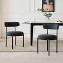 Dining Chairs Set of 2, Boucle Upholstered Modern Mid Century Round Kitchen Chairs with Curved Backrest & Metal Legs for Vanity, Living Room (Black)