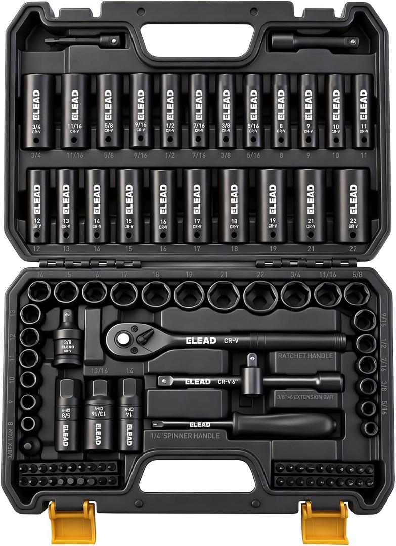 96-Piece 3/8" Drive Impact Socket Set, SAE(5/16 to 3/4-Inch) & Metric(8-22mm), Standard & Deep Sockets, Ratchet Handle, Bit Set, Universal Joint, Extension Bar, Adapters, Spark Plug Sockets