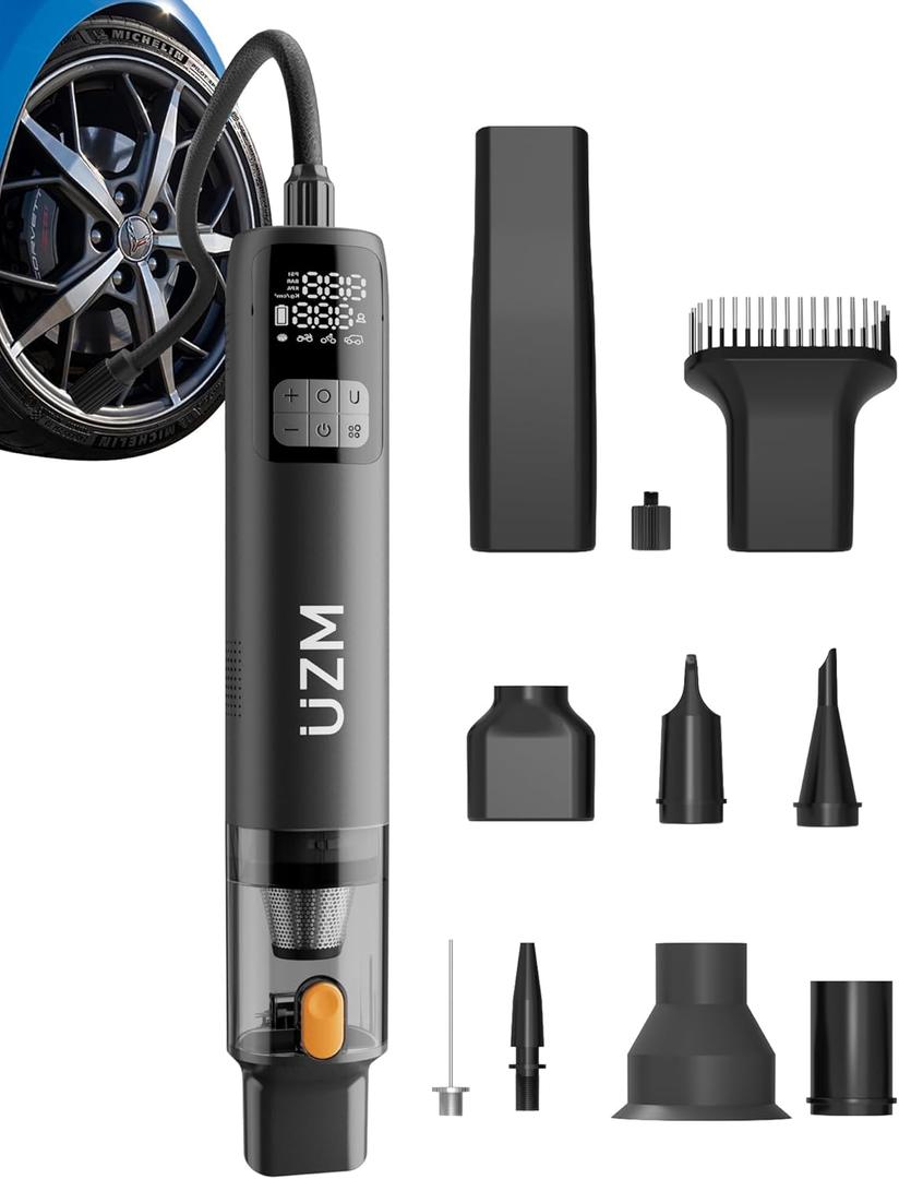 Car Vacuum Portable Cordless, 12000Pa 3-in-1 Car Vacuum Cleaner and Tire Inflator, 5000mAh Battery, 150 PSI, LED Light, Type-C Charge, Portable Tire Inflator for E-Bike, Motorcycle, Ball