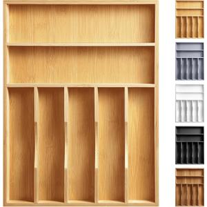Kitchen Bamboo Silverware Organizer, Kitchen Drawer Organizer - Utensil Holder and Cutlery Tray with Grooved Drawer Dividers for Flatware 7 Slot, Natural