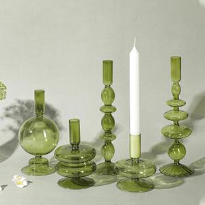 Rtteri 5 Pcs Glass Candlestick Holders Colorful Glass Taper Candle Stand Groovy Candlestick Wavy Boho Chic Clear Bases Holders Elegant Vase for Home Party Centerpiece(Green)