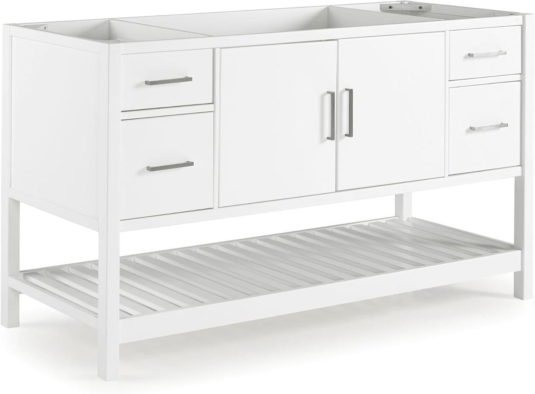 Alaterre Furniture Harrison 60" Bathroom Vanity Cabinet Base  Solid Pine Wood Freestanding Vanity with Soft-Close Drawers, Nickel Hardware and Adjustable Levelers  No Top Included (White)