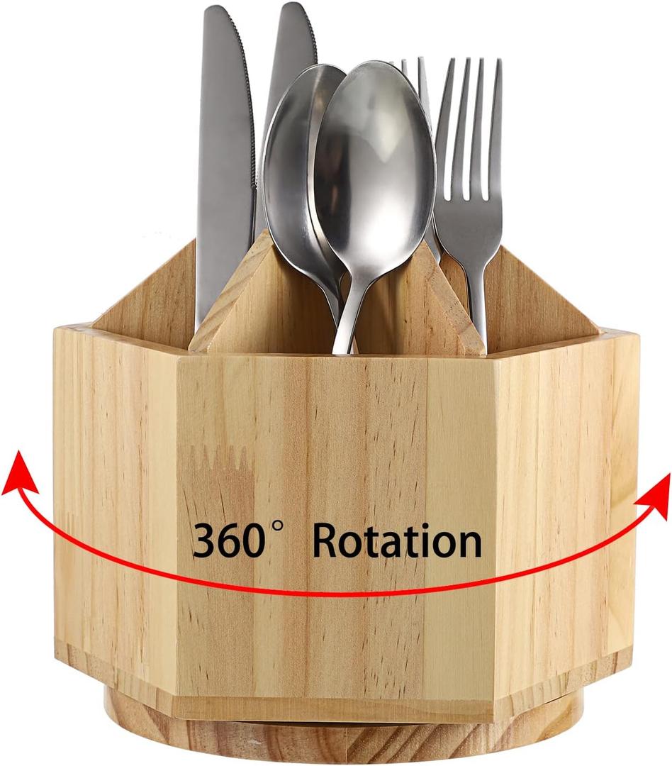 JUXYES Rotating Utensil Holder for Kitchen Countertop, Wood Utensil Organizer with Removable Divider, Rotatable Flatware Caddy Cutlery Holder Silverware Organizer for Kitchen Dining Tables