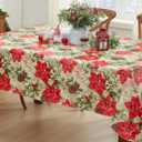 Newbridge Majestic Winter Poinsettia Christmas Vinyl Tablecloth with Flannel Backing, Noel & Holly Berry Holiday Print, Easy Care Wipe Clean Table Cover, 52 x 70 Inch Rectangle