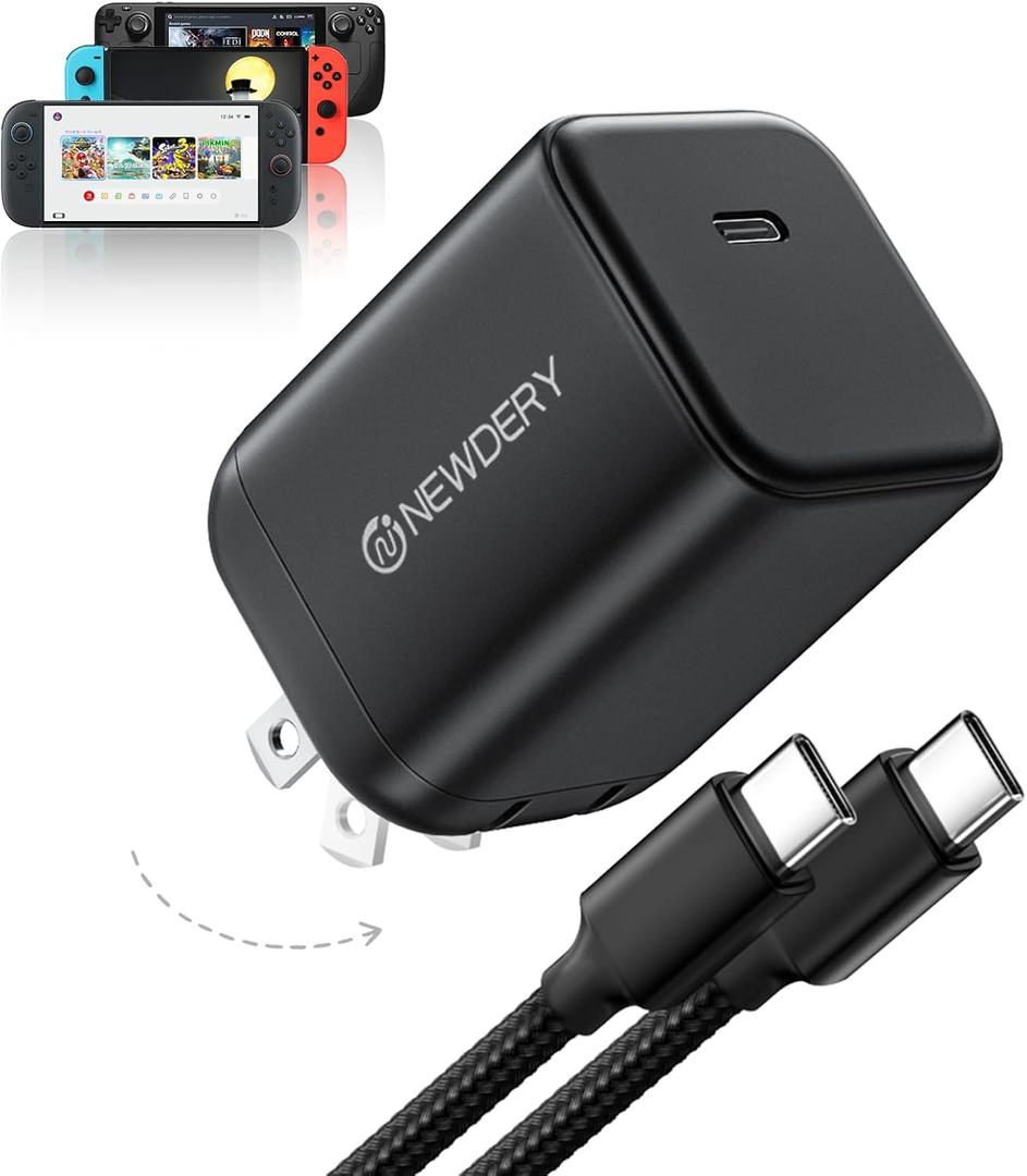 NEWDERY USB-C 65W GaN Charger for Nintendo Switch 2 (TV Mode), Small PD PPS USB-C Fast Wall Charging Block with 5ft Cable for Switch, Steam Deck, ROG Ally, iPhone, Android, Tablet & Laptop