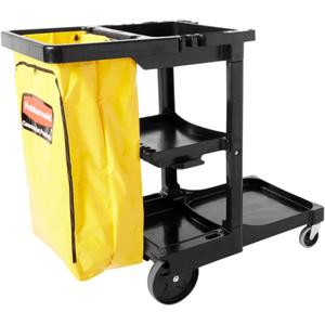 Rubbermaid Commercial Traditional Janitorial 3-Shelf Cleaning Cart, Wheeled with Zippered Yellow Vinyl Bag, for Business/School/Office/Janatorial Cleaning