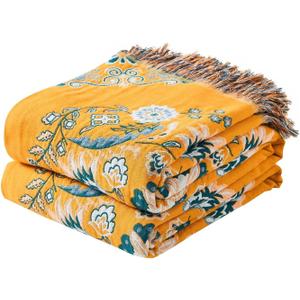 Boho Throw Blanket, 100% Cotton Ultra Soft Luxury Throw Rustic Quilt, Floral Printed Farmhouse Decor Bed Summer Blankets, All Season Rustic Reversible Bohemian Throw for Bed (60"x80" Yellow)