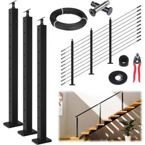 Muzata 10-15FT Modular Black Cable Railing Kit 36 Inch 3 Stair Post Kit Complete Set Cable Railing System for Stairs Length Adjustable Easy DIY with Paper User Guide (No Handrail) RWS1 BA4S