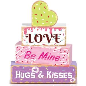 4 Pcs Valentines Day Table Decoration Sweet Candy Valentine Tiered Tray Decor Love Blocks Heart Wooden Sign Valentine Day Centerpieces Decor for Mantel Home Desk Kitchen