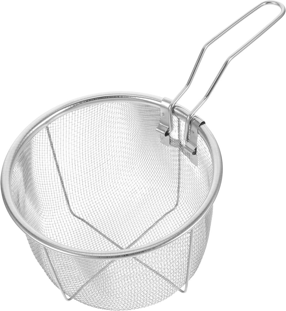DOITOOL Stainless Steel Deep Fry Basket with Handle, French Fry Chips Baskets Round Wire Fry Basket with Folding Handle for Kitchen Frying Pasta Spaghetti (26X15X9.5cm)