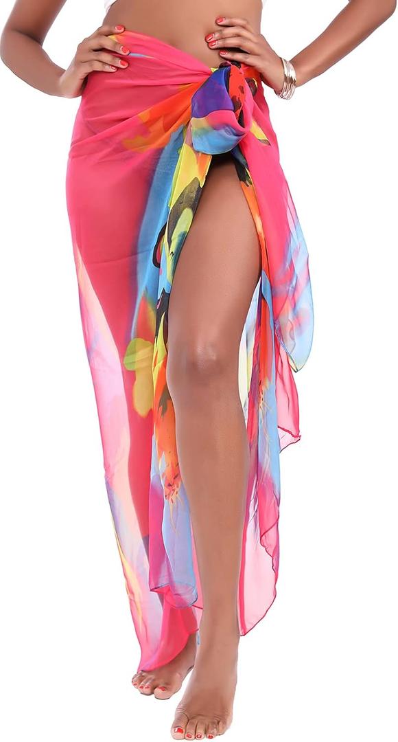 MissShorthair Womens Chiffon Beach Pareos Sarong Sheer Swimsuit Cover Ups Swimwear Bikini Wrap (Multicolor/Pink)
