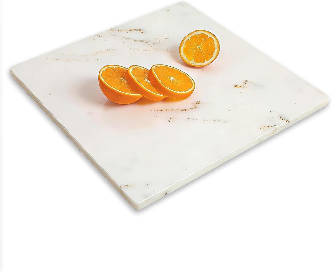 Natural Marble Stone Cutting Board for Kitchen, 16x16 Inch, White with Gold Veins, Marble Slab Pastry Board Large with Non-Slip Feet for Backing, Cheese, Chocolate, Pack of 1 Piece