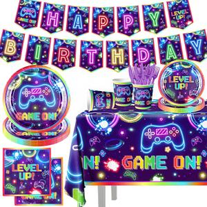142pcs Video Game Birthday Decorations Gamer Party Tableware Video Game On Themed Plates Napkins Cups Tablecloth Banner for Boys Girls Neon Gaming Party Favors Supplies