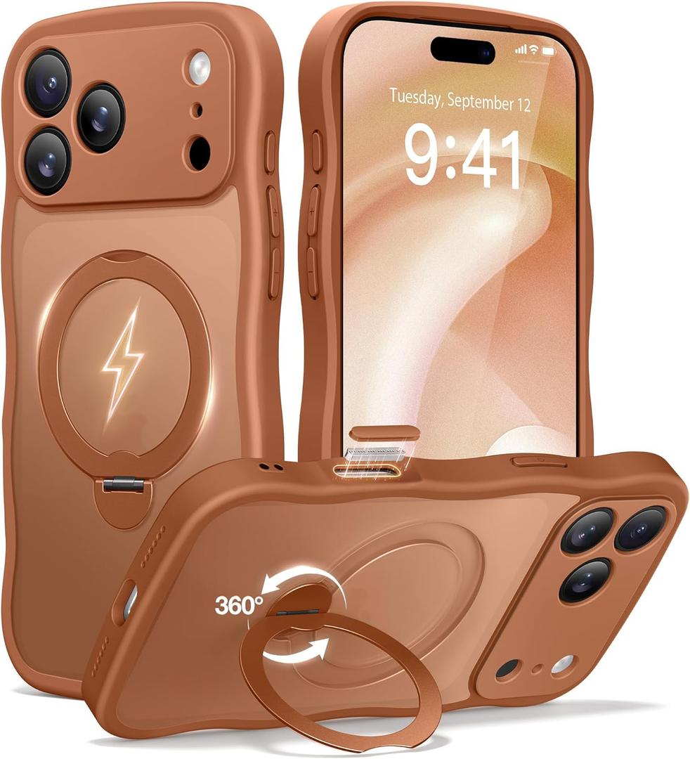 CAPRARO for iPhone 17 Pro Case with 360 Spin Magnetic Stand for Women, [Compatible with MagSafe] [Full Camera Protection] Cute Wave Translucent Matte Case for iPhone 17 Pro, Cosmic Orange