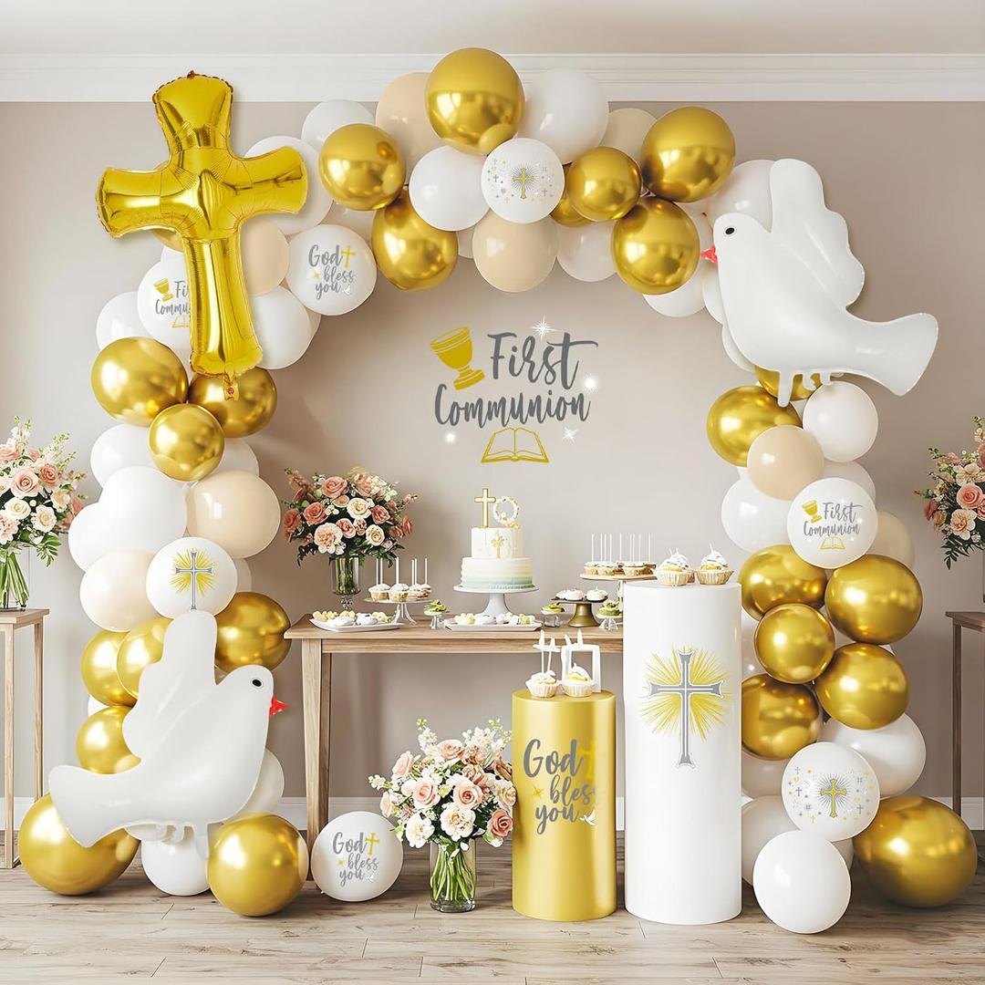 169 Pcs First Communion Decorations Balloons Kit Baptism Party Decorations White Metallic Gold Balloons Arch Kit First Holy Communion Decor for God Bless Christening Birthday Theme Party Supplies