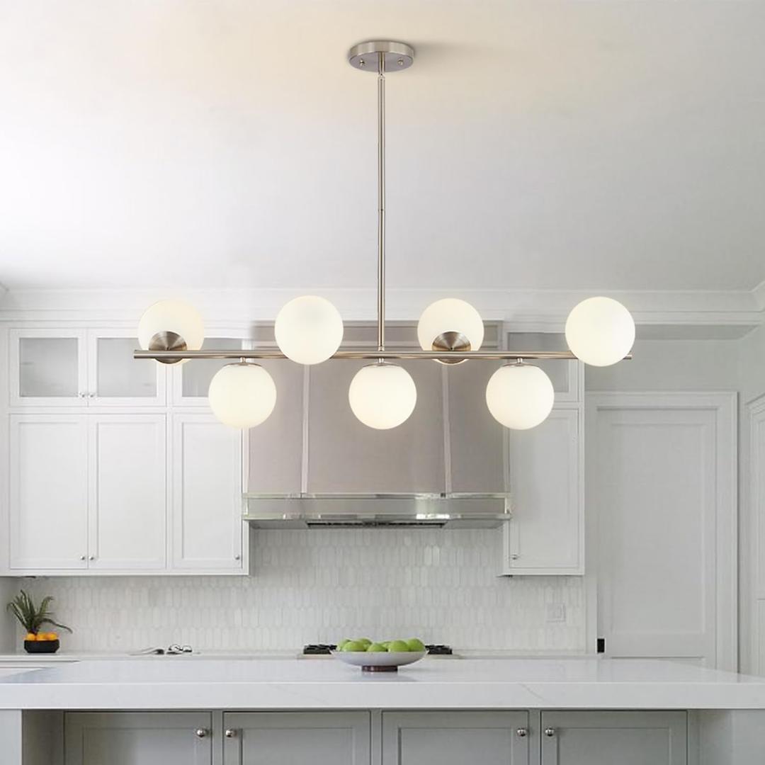 Brushed Nickel Linear Kitchen Island Pendant Light Mid Century Modern 7-Lights Globe Chandelier Pendant Light Milk Glass Chandelier Silver Dining Room Light Fixture (Silver)