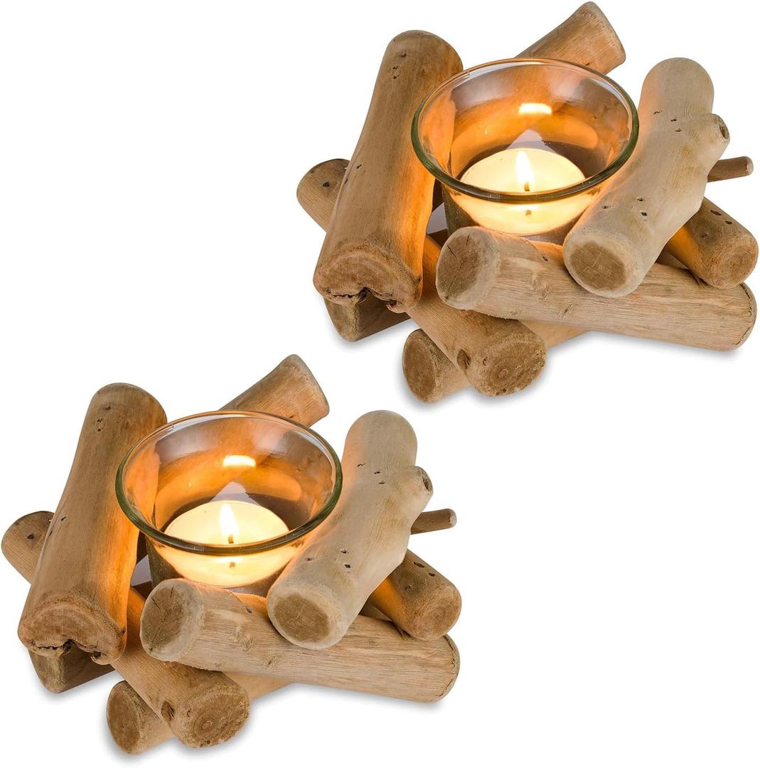 2Pcs Handmade Wooden Tea Light Candle Holder with Glass Cup Rustic Country Coastal Style for Farmhouse Home Decoration Home Altar Decoration Holoday Wedding Decoration