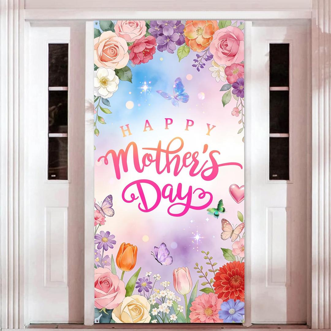 Mothers Day Decorations Door Cover - I Love Mom Banner Party Decor, Hanging Door Sign for Mother Day Party Photography 35.4 x 72.8 Inch