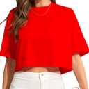 Women Cropped Tees Loose Fit Half Drop Shoulder Short Sleeve Tops Round Neck Basic Casual Shirts for Summer 2025 (Medium, New Red)