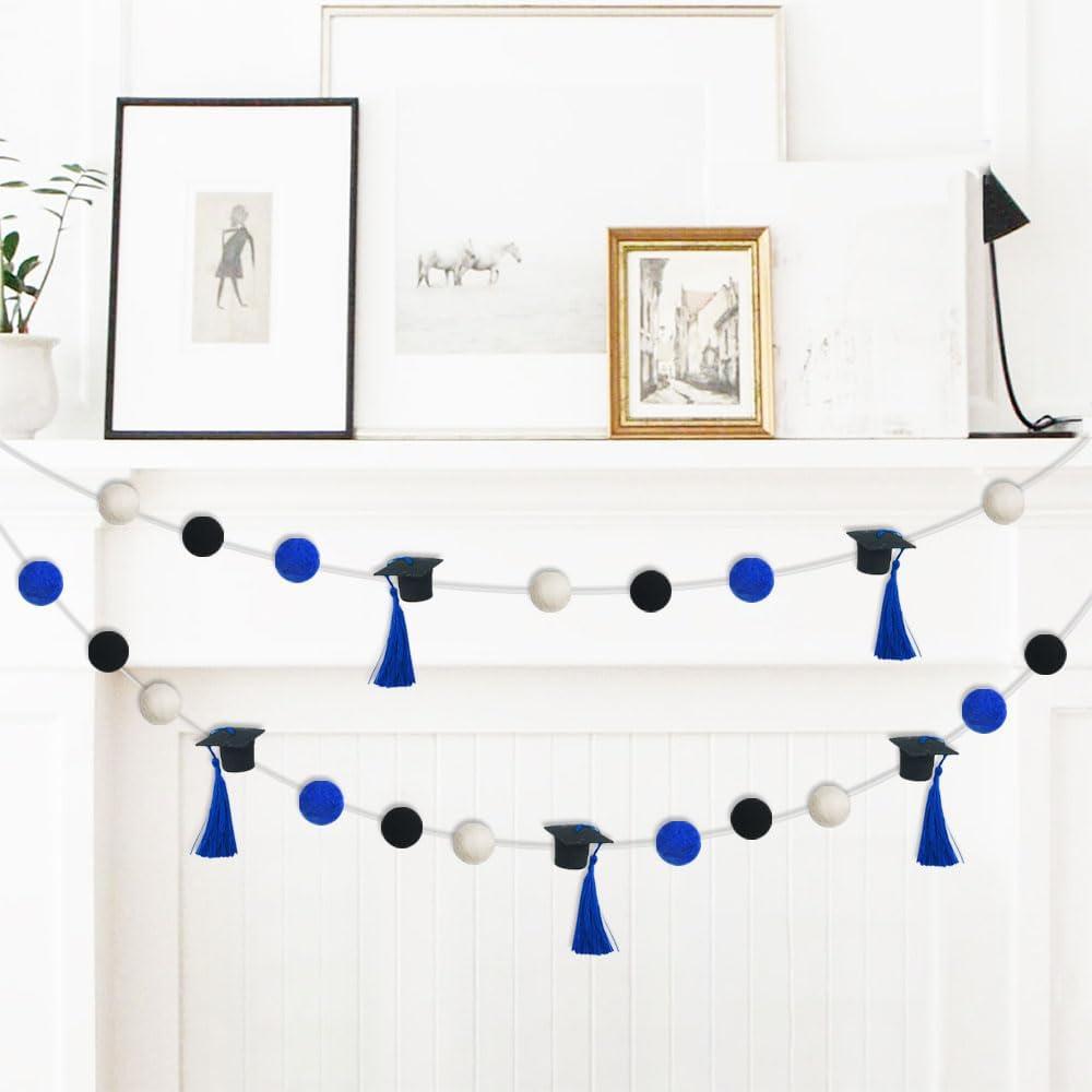 Graduation Cap Felt Ball Garland, Graduation Hat Party Decor Banner for 2024 High School College Grad Party Banner Felt Ball Garland (Black Blue White with Blue Tassels)