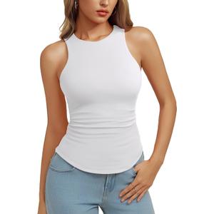 REORIA Womens High Neck Sleeveless Tank Tops Racerback Double Lined Basic Tops Summer Fitted Going Out Tops (White, M)