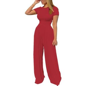 TOPSRANI Womens 2 Piece Outfits Casual Sweatsuits High Waist Short Sleeve Tracksuit Loose Baggy Wide Leg Pants Sets (Small, Red 640)