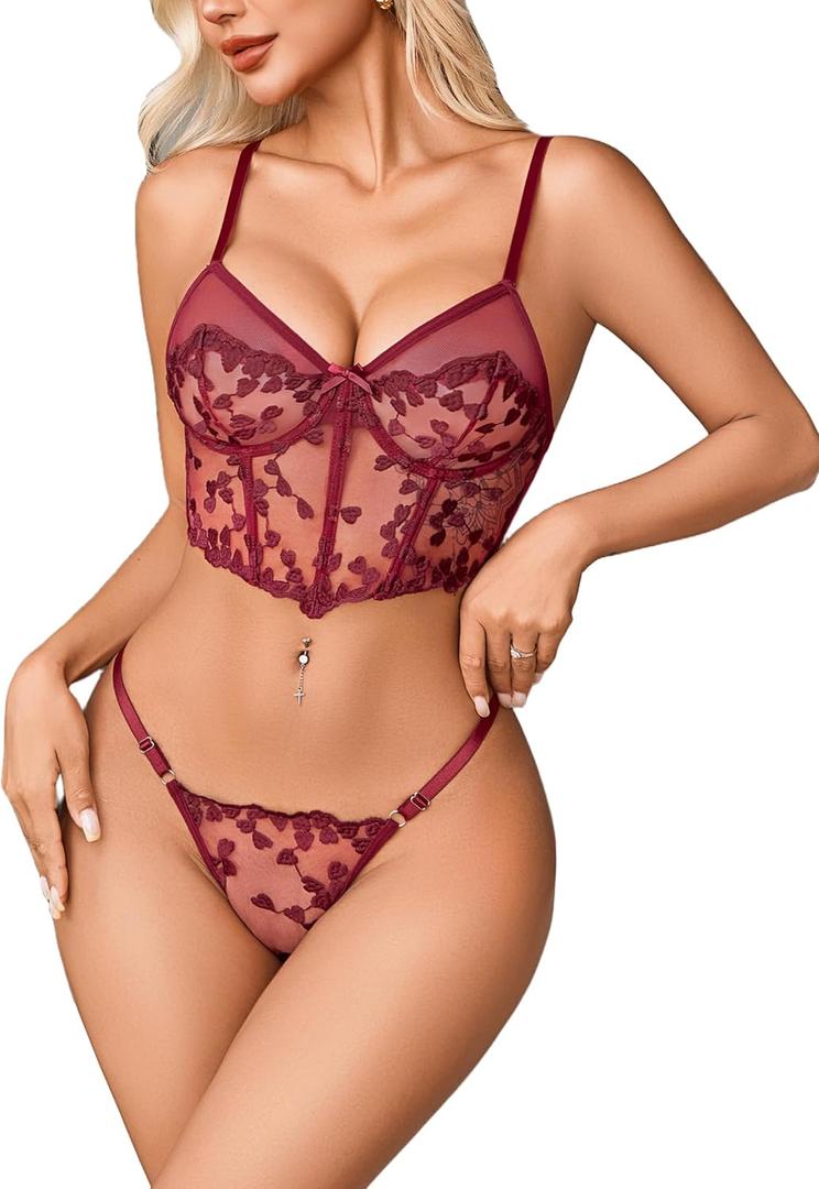 Avidlove Women Lingerie Set Underwire Push Up Bra and Panty 2 Piece Sexy Floral Embroidered Bra Thong Sets (Small)