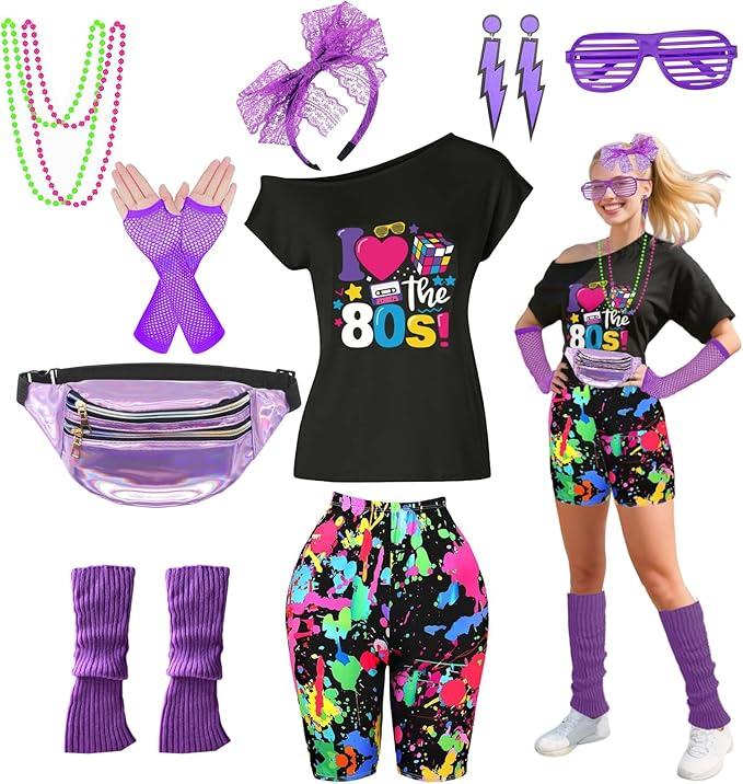 80s Outfit Women Costume Accessories Set T Shirt Shorts Tutu Skirt Neno Party Leg Warmers Headband (Large)