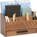 dreampossible Brown Wood Desk Organizer and Accessories with Drawer, Bill Mail Organizer and File Mail Holder for Office Supplies, Modern Desk Accessories & Workspace Organizers for Desk Organization