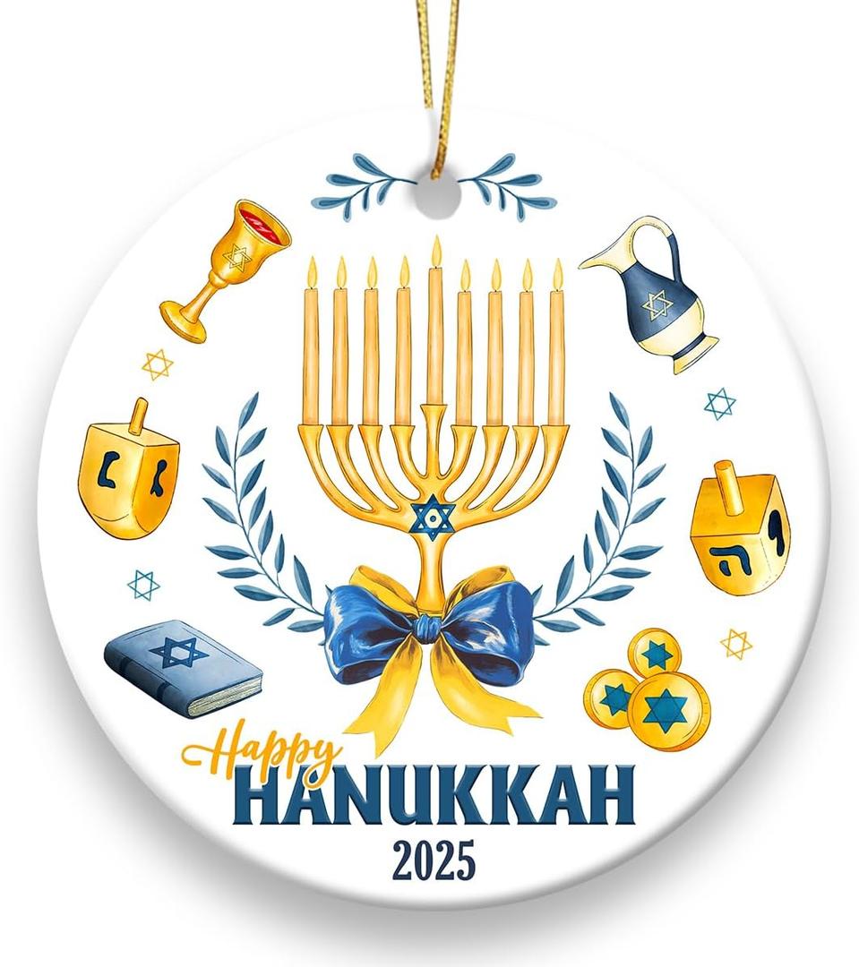 5 x Happy Hanukkah Ornaments 2025 - Hanukkah Ornament for Christmas Tree, Spiritual Gifts for Women, Cute Ceramic Ornament as Chanukah Gift, Gifts for Jewish Men Friends Neighbors Mom Coworker