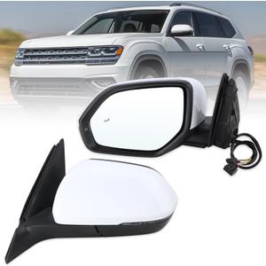 Left Driver Side Mirror Compatible With 2018 2019 2020 2021 2022 2023 2024 2025 VW Atlas With Manual Folding Power Glass Heated Turn Signal Blind Spot White Replace#3CN857507AG9B9-PFM(6+2Pins)