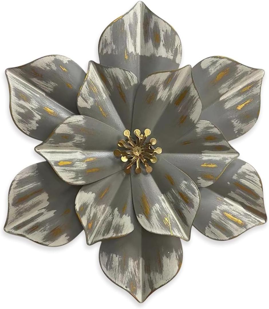 Metal Flower Wall Sculpture, 12.5" Rustic Modern Floral Artwork, Distressed 3D Layered Iron Flower Wall Hanging Accent for Indoor Kitchen Bedroom Living Room Office OutdoorGarden Patio Decor (Black) (01B-Grey)