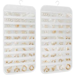 1 Pack Hanging Jewelry Organizer 80-Pocket Dual-sided Jewelry Storage for Earring Necklace Bracelet Ring Travel Holder, White