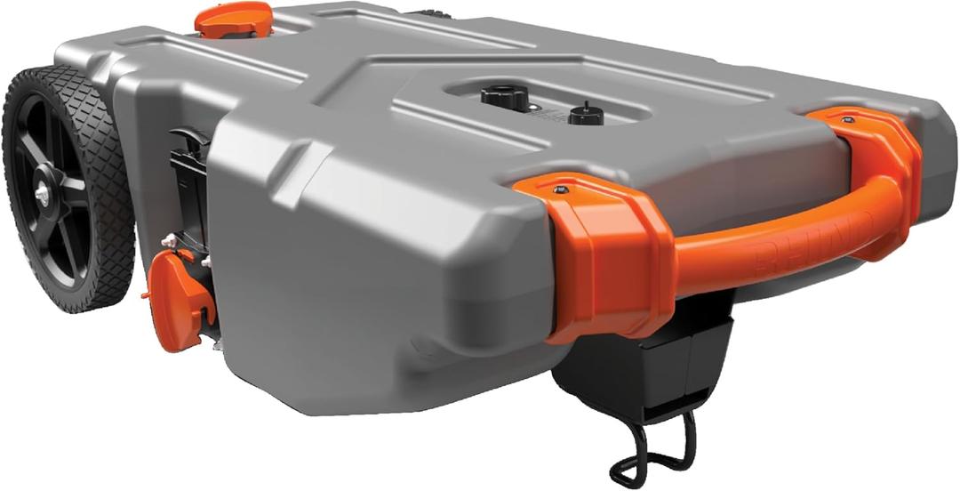 Camco Rhino 28-Gallon RV Tote Tank - Features Large Heavy-Duty No-Flat Wheels & Built-in Gate Valve - Removable Steel Tow Adapter, 3 Sewer Hose & More RV Accessories (39004)