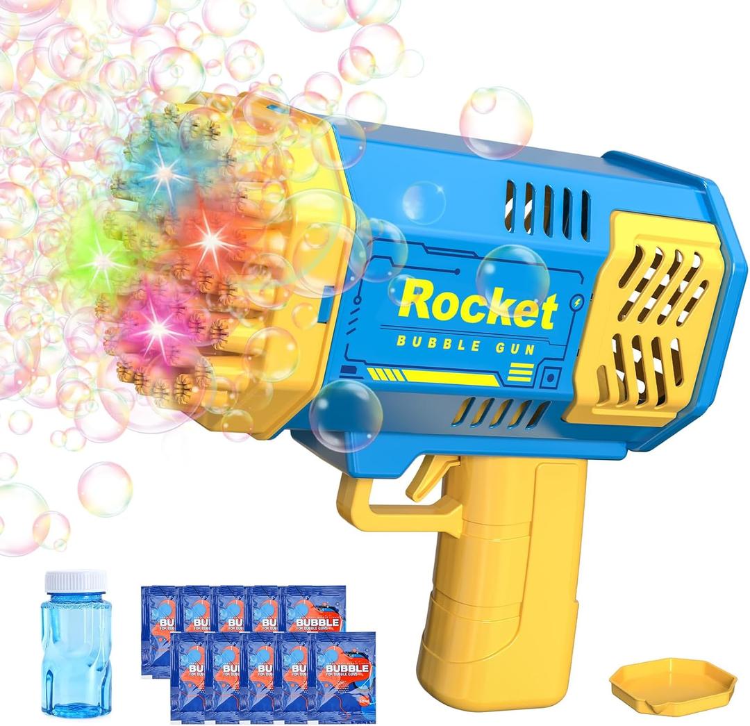 Rocket Bubble Gun Machine Set with 2 Bubble Solution Bottles,40hole 5000+Bubbles per Minutes,Summer Bubble Toys for Kids Blue and Pink (Blue)