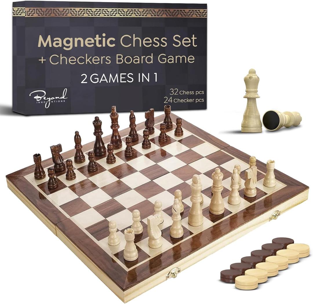 Wooden Magnetic Chess Set & Checkers Board Game, 15 Foldable Chess Board | Solid Wood 2-in-1 Board Game for Adults with Storage Box, 2 Extra Queens, Portable Travel Chess Set for Kids & Beginners