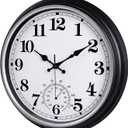 16 Inch Large Outdoor Clock Retro Waterproof Clock Non-Ticking Indoor/Outdoor Wall Clock with Thermometer, Battery Operated for Pool, Patio, Garden, Black