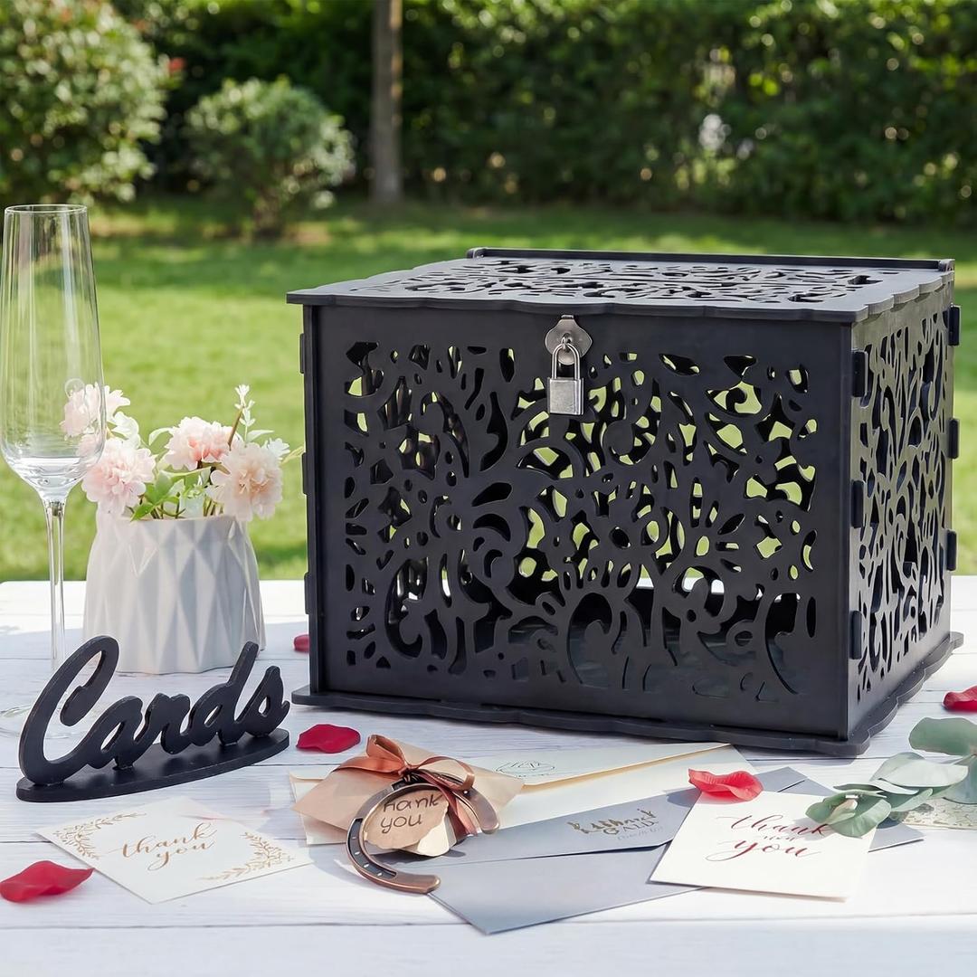 Wedding Card Box with Lock, Black Card Box for Wedding Reception Decorations, Wedding Box for Cards and Money, PVC Envelope Gift Card Box for Party Graduation Baby Shower Birthday Decor