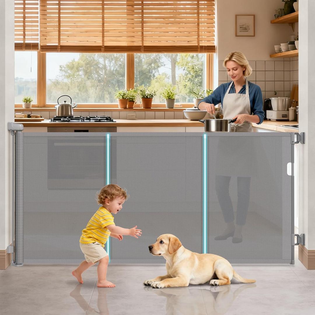71'' Retractable Baby Gates Extra Wide for Stairs, 42" Tall Grey Mesh Dog Child Pet Safety Indoor Outdoor Retractable Gate for Doorways, House, Hallway, Deck with Reinforcement Strips (Gray)