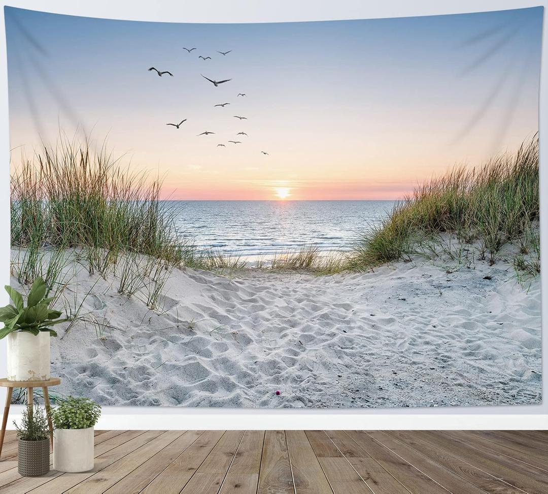 HVEST Ocean Beach Tapestry Wall Hanging, Sunset Seabird and Beach with Grass Wall Hanging Tapestry Natural Landscape Tapestry for Bedroom Living Room Dorm Decoration Wall Decor, 59x51 Inches (Multicolor)