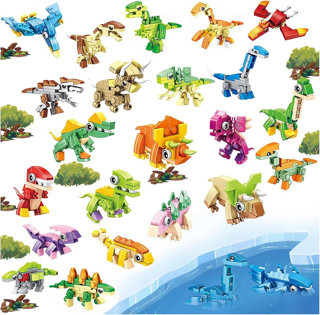 Dinosaur Party Favors for Kids, 24 Packs Mini Dinosaur Building Blocks Toy Animals Building Sets, Dino Carnival Goodie Bags Fillers, Classroom Prizes Christmas Birthday Gifts for Student,Kid Age 6-12