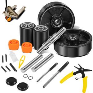 Fit for Crown PTH50 Pallet Jack/Truck Full Wheel Replacement Kit, Pair Steering Wheels 7" x 2", Pair Front Load Roller 2.76"x 3.74", with Pre-Installed Bearings, Axles, PU Tread, Pins, Entry Roller
