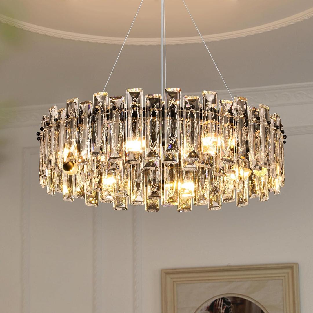 Luxury K9 Crystal Chandelier Modern Round Easy Install Ceiling Hanging Pendant Light Fixture for Dining Living Room Kitchen Island Entryway Foyer D 23.6in Black 8-Lights