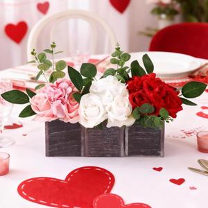 Suncalla 55 Pcs 3 Set Valentines Floral Arrangement with Wooden Vase Valentines DIY Floral Centerpieces for Table Artificial Roses Hydrangeas Eucalyptus Leaves Flower Centerpieces for Table Decor
