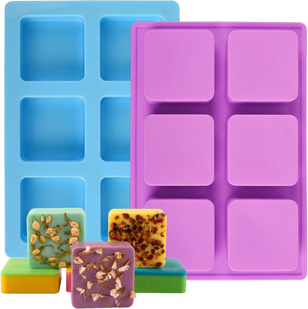 Sakolla 2 Pack Silicone Soap Molds for Soap Making, Reusable 6 Cavity Square Silicone Molds for Homemade Soap, Cake, Bread, Ice Cube (Square/Purple & Blue)